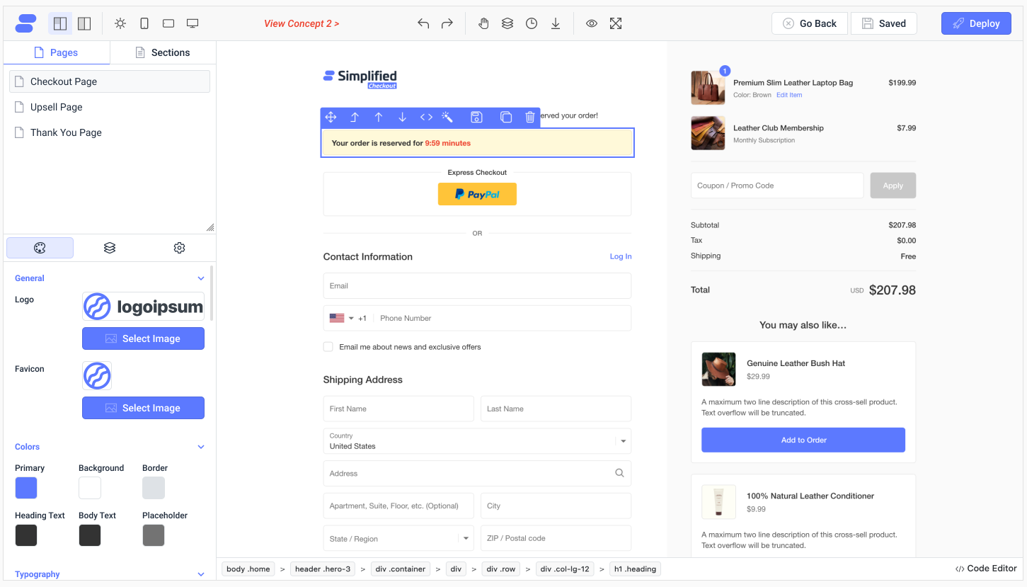 Simplified Checkout’s page builder tool